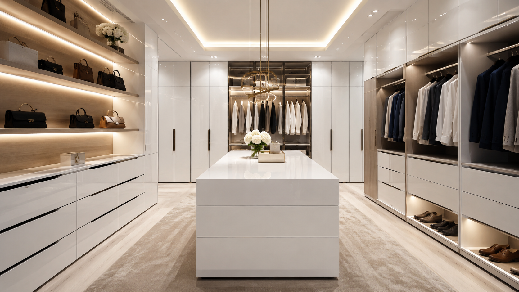 Walk-in wardrobe in white oak with integrated 2700K lighting
