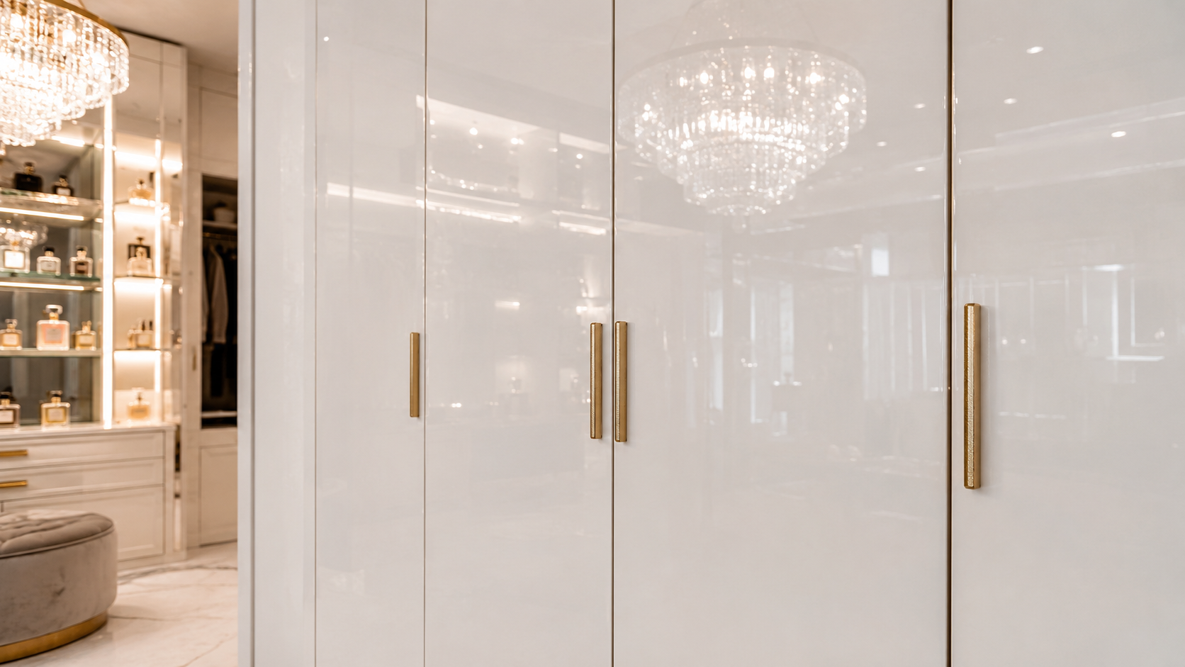 Island unit with brushed brass pulls